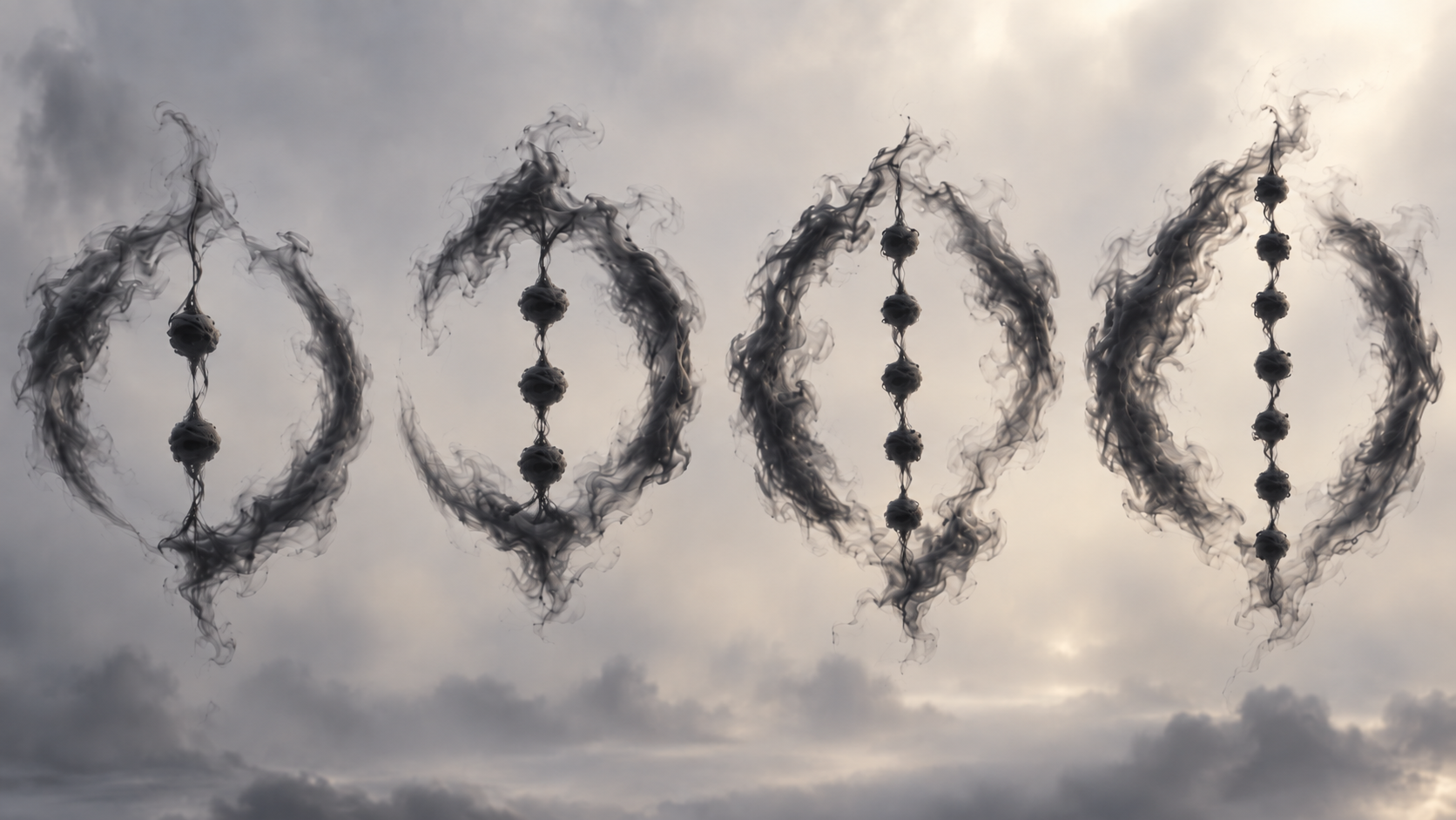 Alien clue showing four circular symbols containing vertical chains of dark spheres
